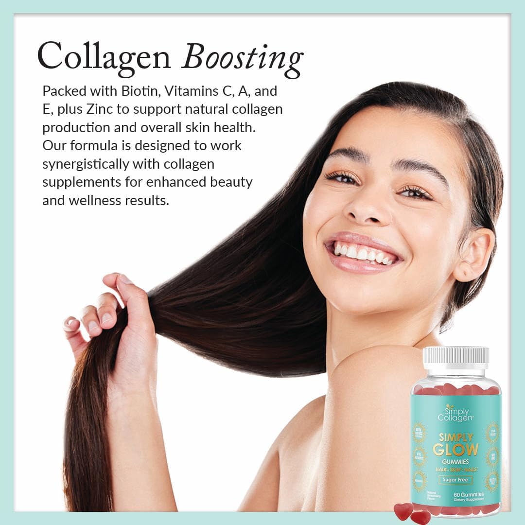 Simply Collagen Simply Glow Hair, Skin & Nails Gummies – Vegan, Sugar-Free, Gluten-free – Biotin 5000 mcg – 60 Count - görsel 3