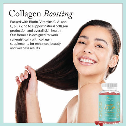 Simply Collagen Simply Glow Hair, Skin & Nails Gummies – Vegan, Sugar-Free, Gluten-free – Biotin 5000 mcg – 60 Count