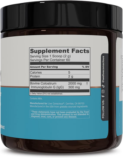 Live Conscious Colostrum Powder – Grass Fed Bovine Colostrum Supplement with Lactoferrin – Immune System Support (Twin Pack)