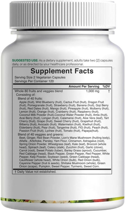 Nature’s Fruits & Veggies Supplement, 240 Veggie Capsules – 80 Whole Food Superfoods for Daily Balance – Non-GMO, Gluten-free