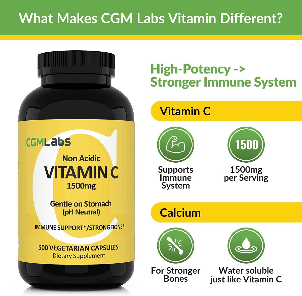 CGMLABS Non Acidic Vitamin C Food Supplement 1500mg with Calcium - Gentle on the Stomach, Immune & Bone Support (500 Capsules) - görsel 5