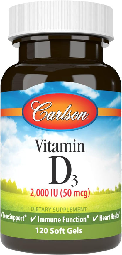 Carlson Vitamin D3 2000 IU (50 mcg) Soft Gels – Immune & Bone Support, 120 Soft Gels