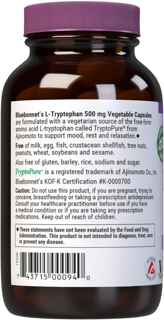 Bluebonnet Nutrition L-Tryptophan 500mg – Neurotransmitter Support, Soya-Free, Vegan – 60 Capsules - görsel 3