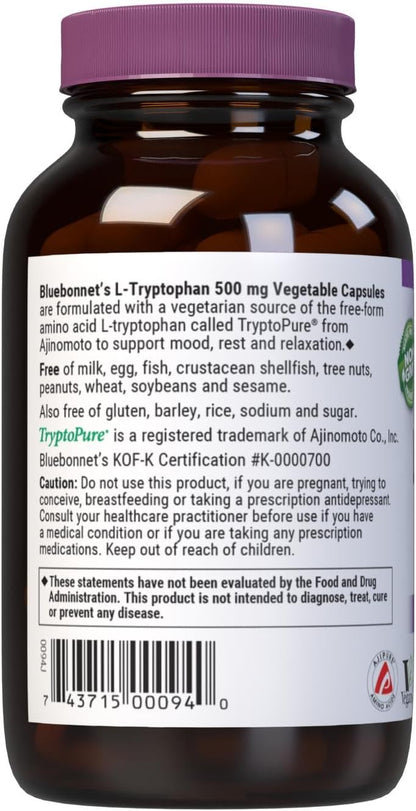 Bluebonnet Nutrition L-Tryptophan 500mg – Neurotransmitter Support, Soya-Free, Vegan – 60 Capsules