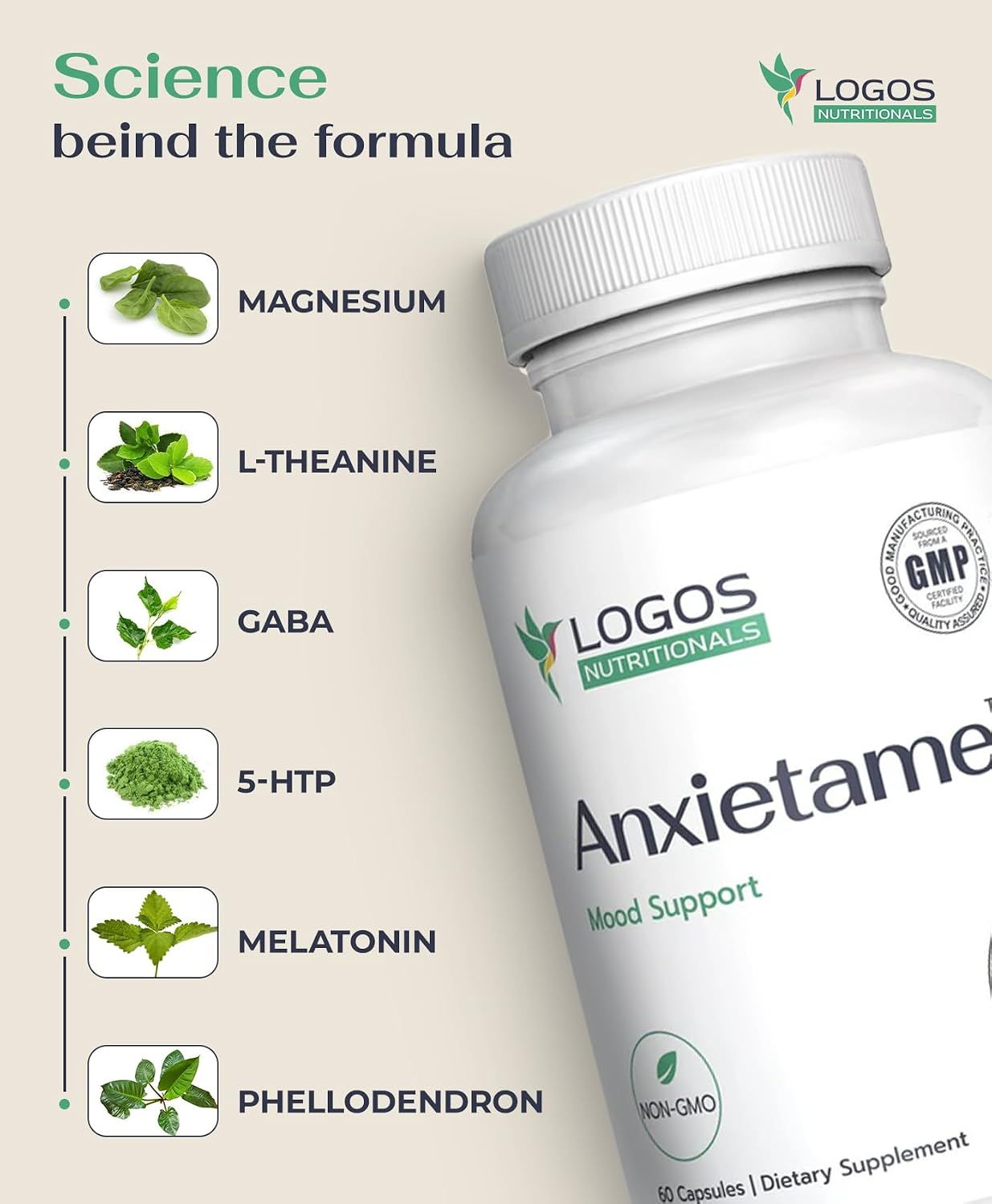 Logos Nutritionals Anxietame - 60 Capsules, L-Theanine Supplement for Mood and Sleep Support - görsel 3