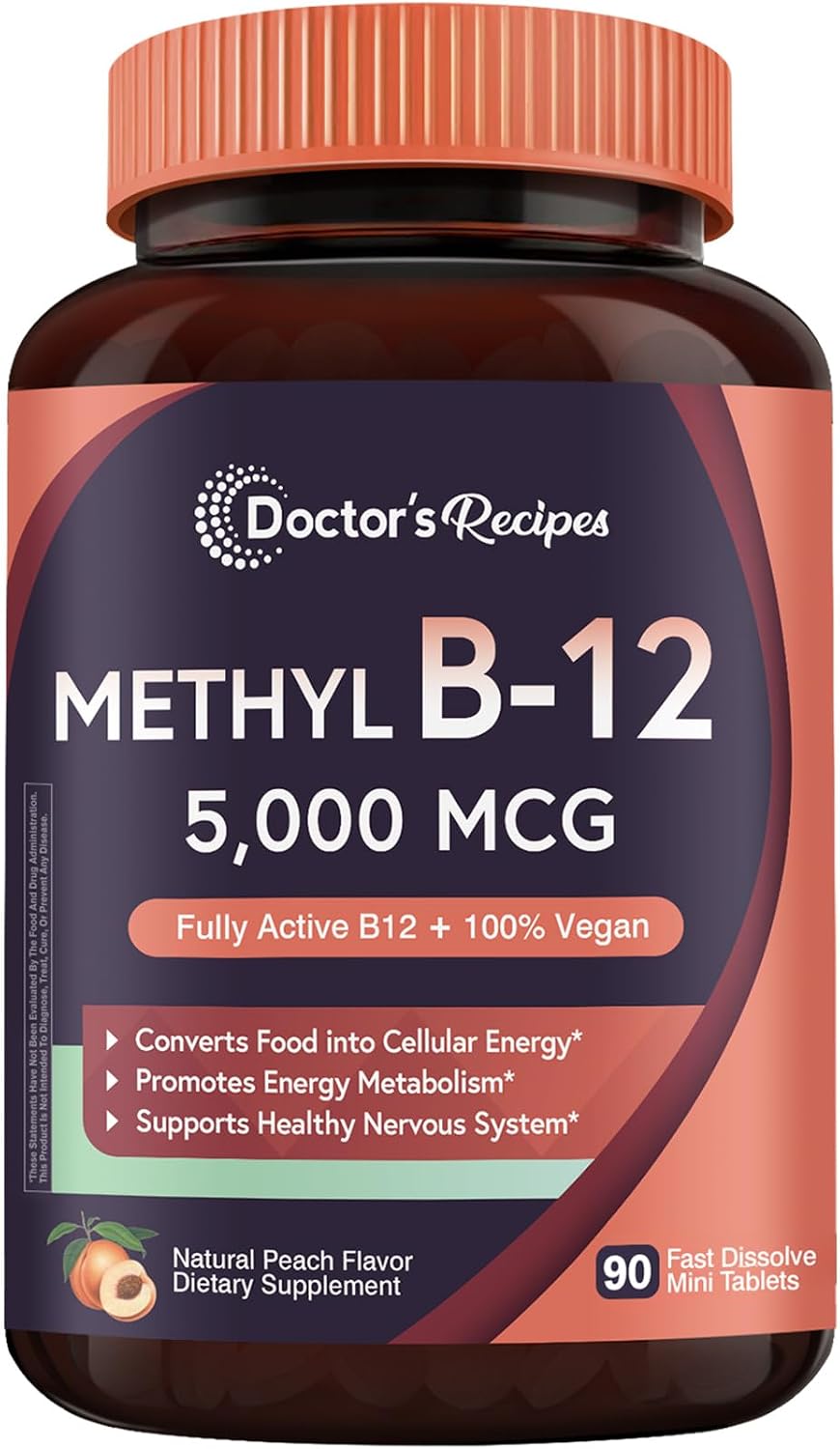 Doctor's Recipes Vitamin B12 Methylcobalamin 5000 mcg Fast Dissolve Tablets - Natural Peach Flavour, Vegan - görsel 1
