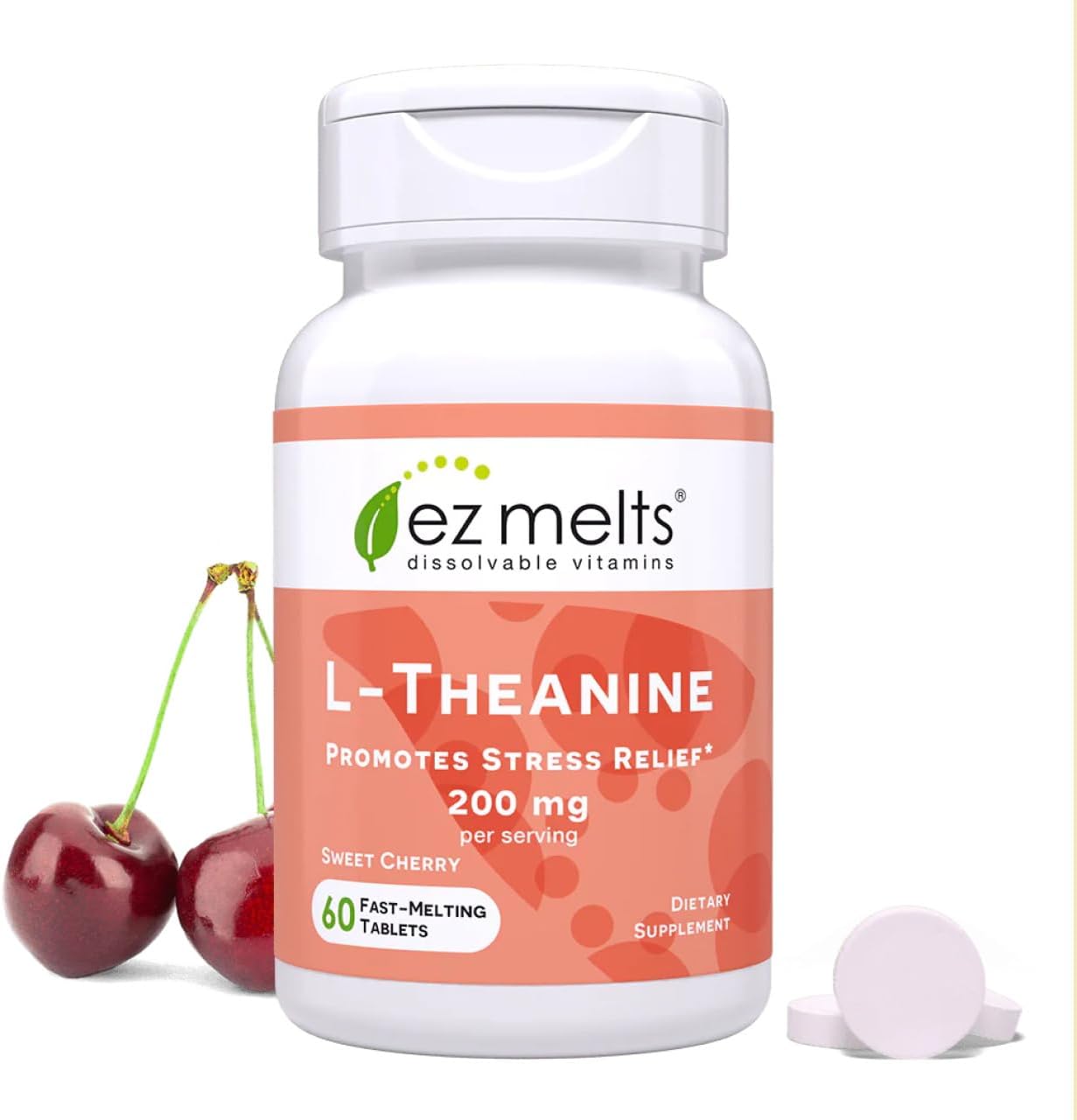 EZ Melts L-Theanine 200 mg – Calm & Relaxation Support – Natural Cherry Flavour – 60 Dissolvable Tablets - görsel 1