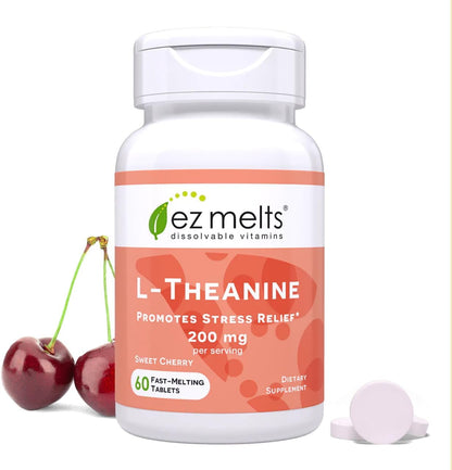 EZ Melts L-Theanine 200 mg – Calm & Relaxation Support – Natural Cherry Flavour – 60 Dissolvable Tablets