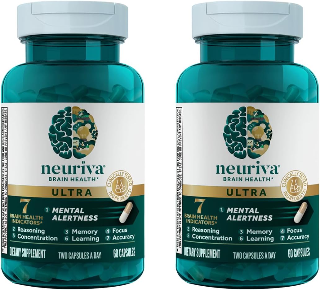 NEURIVA Ultra Decaf Brain Supplement – Clinically Tested Nootropic for Memory, Focus and Concentration – 60 Capsules (2-Pack) - görsel 1