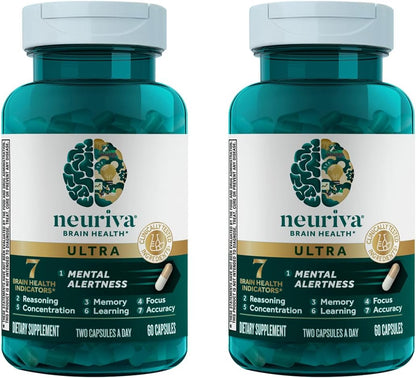 NEURIVA Ultra Decaf Brain Supplement – Clinically Tested Nootropic for Memory, Focus and Concentration – 60 Capsules (2-Pack)