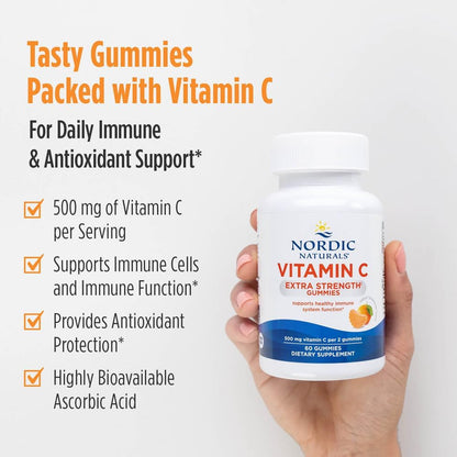 Nordic Naturals Vitamin C Extra Strength Gummies - Tangerine Flavour - 60 Gummies - 500 mg Vegan Vitamin C Supplement