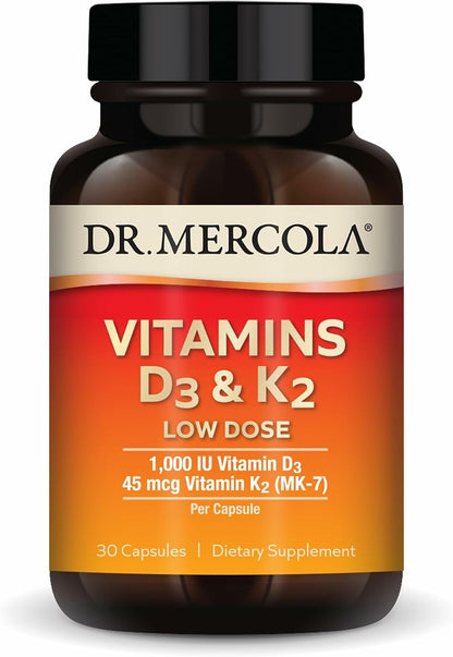 Dr. Mercola Vitamins D3 & K2 Low Dose - Maintain Vitamin D Levels - Supports Immune & Bone Health - MenaQ7 Chickpea-Sourced K2 - Non-GMO, Gluten-Free & Soya-Free - 30 Capsules