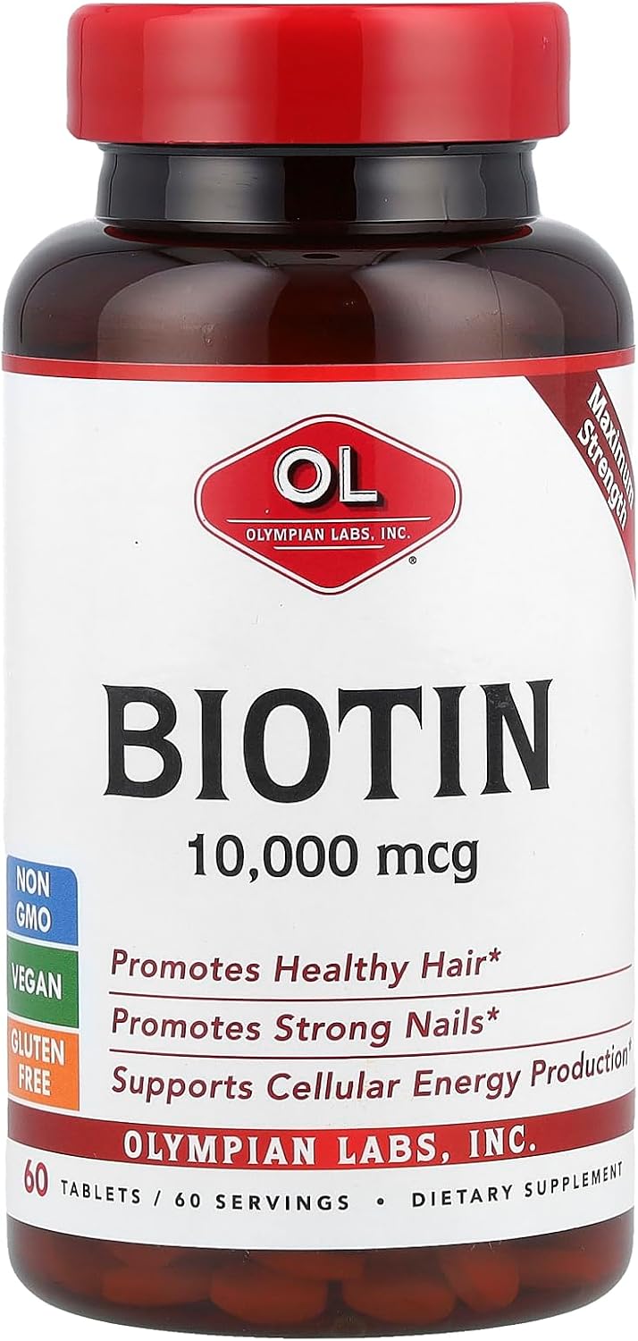 Olympian Labs Max Strength Biotin 10,000mcg Tablets – Hair, Skin and Nail Support (60 Vegan Tablets) - görsel 1