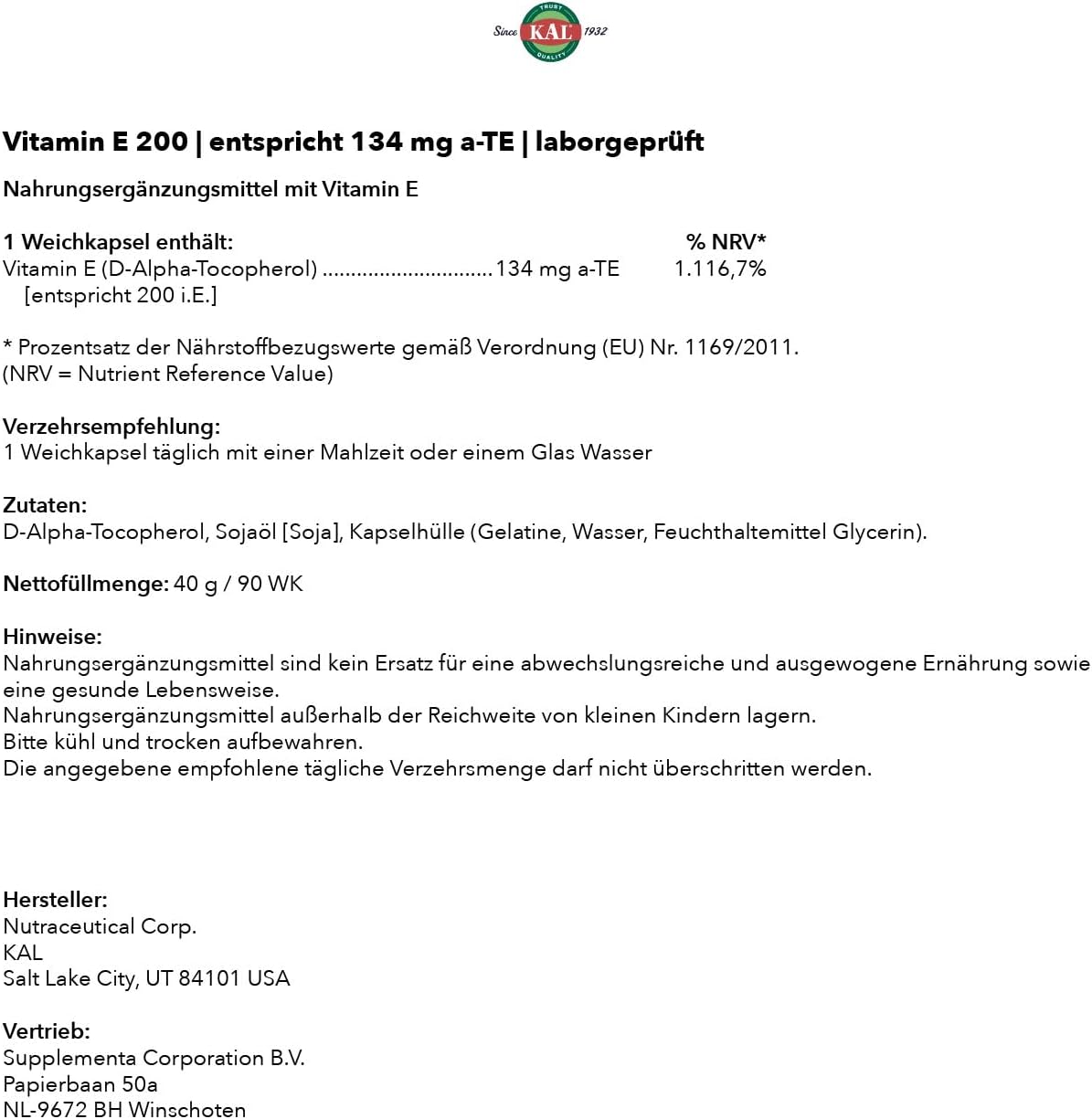 KAL E-200 D-Alpha Tocopherol 200 IU Softgels, 90 Count - görsel 6