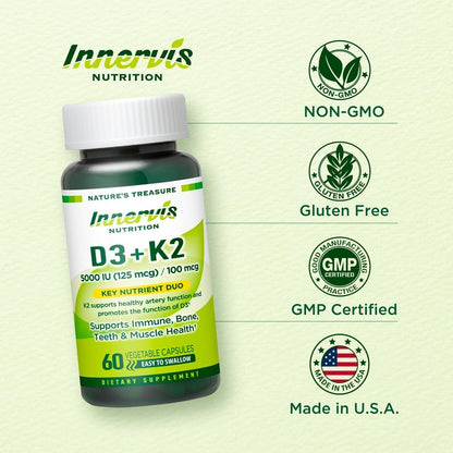 Vitamin D3 5000 IU + K2 MK-7 100mcg – Bone, Heart & Immune Support – 60 Capsules