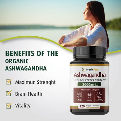PRATIC LINE Ashwagandha Capsules 3000 mg - 120 Vegan Capsules, Organic Root Powder & Extract, Gluten-free, Made in USA