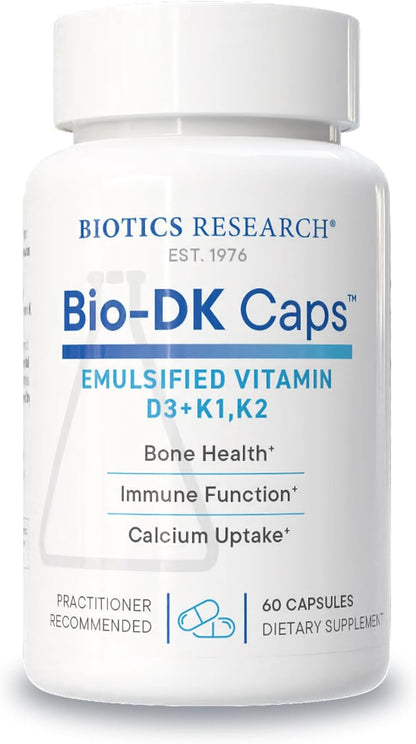 BIOTICS RESEARCH Bio-DK Caps – Emulsified Vitamin D3 + K1 + K2 (MK-7), 60 Capsules