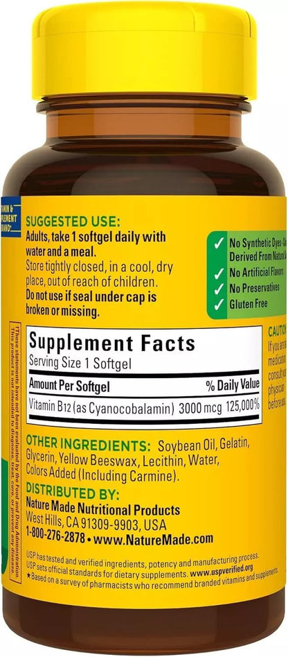 Nature Made Vitamin B12 Softgels, 3000 µg, 60 Capsules Pack of 3