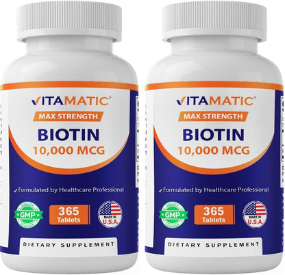 Vitamatic Biotin 10,000 mcg (10 mg) - 365 Vegan Tablets for Hair, Skin and Nails