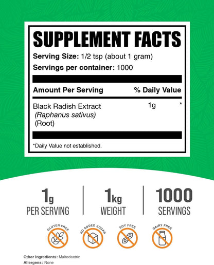 BulkSupplements Black Radish Extract Powder - Spanish Black Radish Supplement, Herbal Supplement - Vegan & Gluten-free, 1g per Serving, 1kg (Pack of 1)