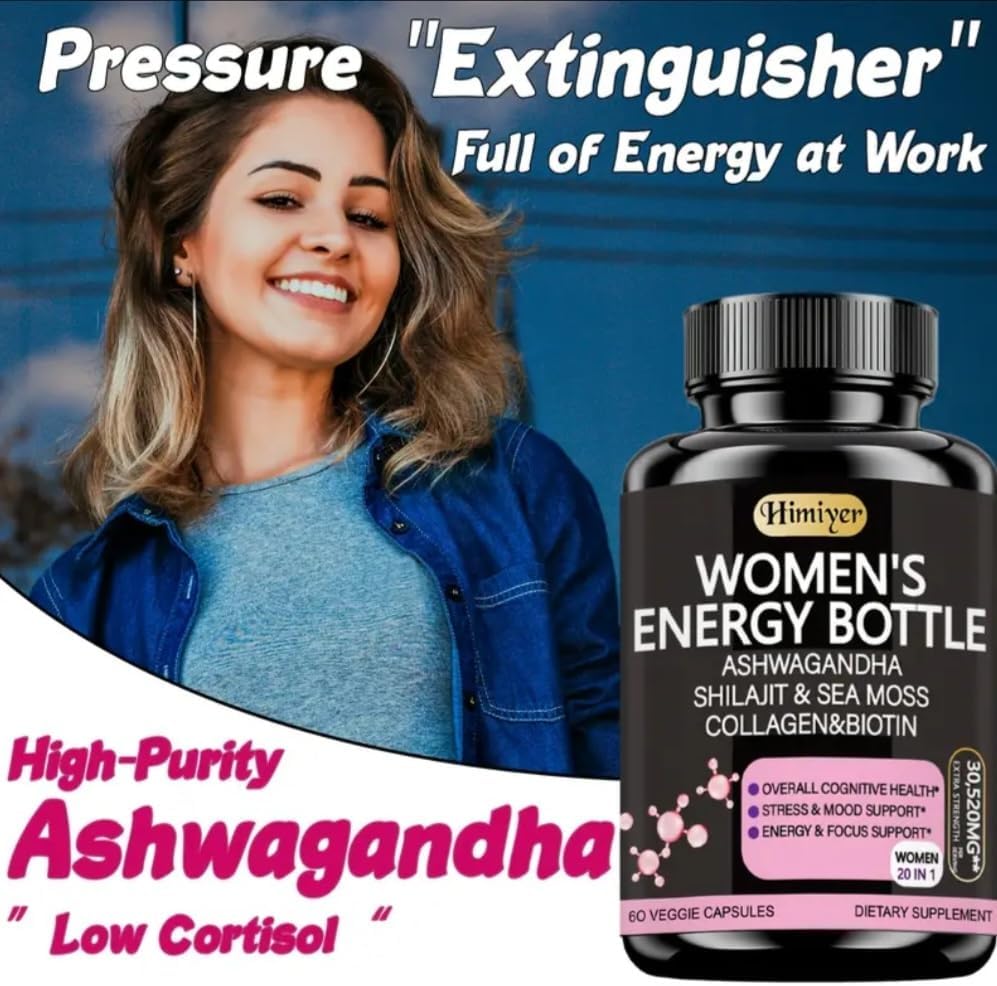 Himiyer Women's Energy Supplement, 60 Vegetable Capsules, with Ashwagandha, Shilajit, Sea Moss, Collagen and Biotin - görsel 3