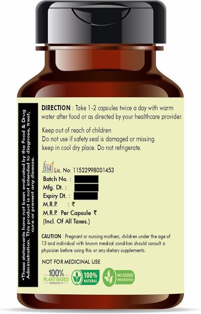 Safed Musli Extract 500mg – 60 Vegetarian Capsules | Chlorophytum Borivillianum | All Natural | 100% Vegan | Gluten-free
