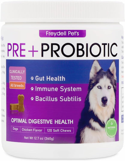 Freydell Pets Probiotics for Dogs – Digestive Enzymes, Prebiotics & Fibre Soft Chews – 120 Chews
