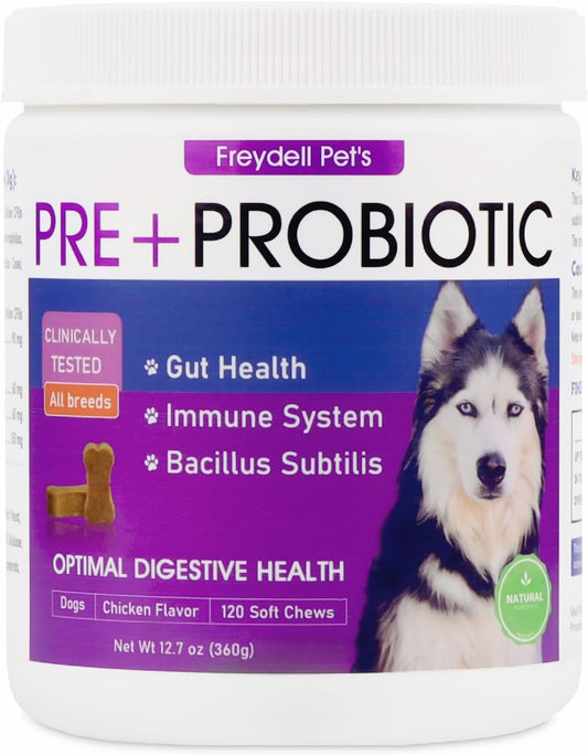 Freydell Pets Probiotics for Dogs – Digestive Enzymes, Prebiotics & Fibre Soft Chews – 120 Chews