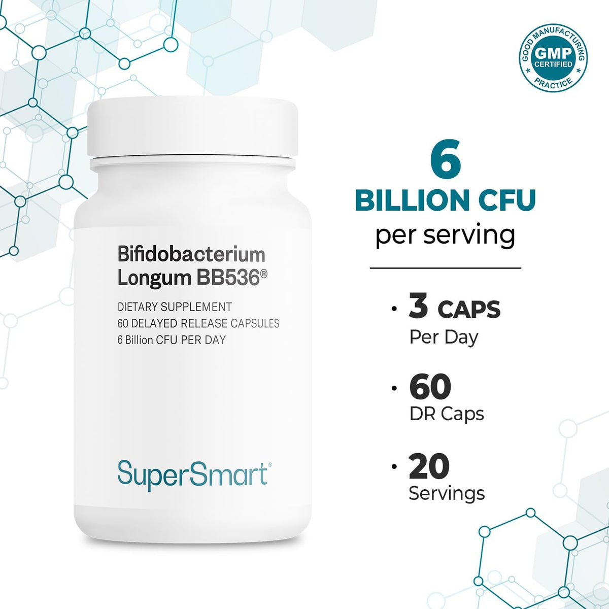 Supersmart Bifidobacterium Longum (BB536) – Probiotic & Prebiotic Supplement – 6 Billion CFU – 60 DR Capsules - görsel 5