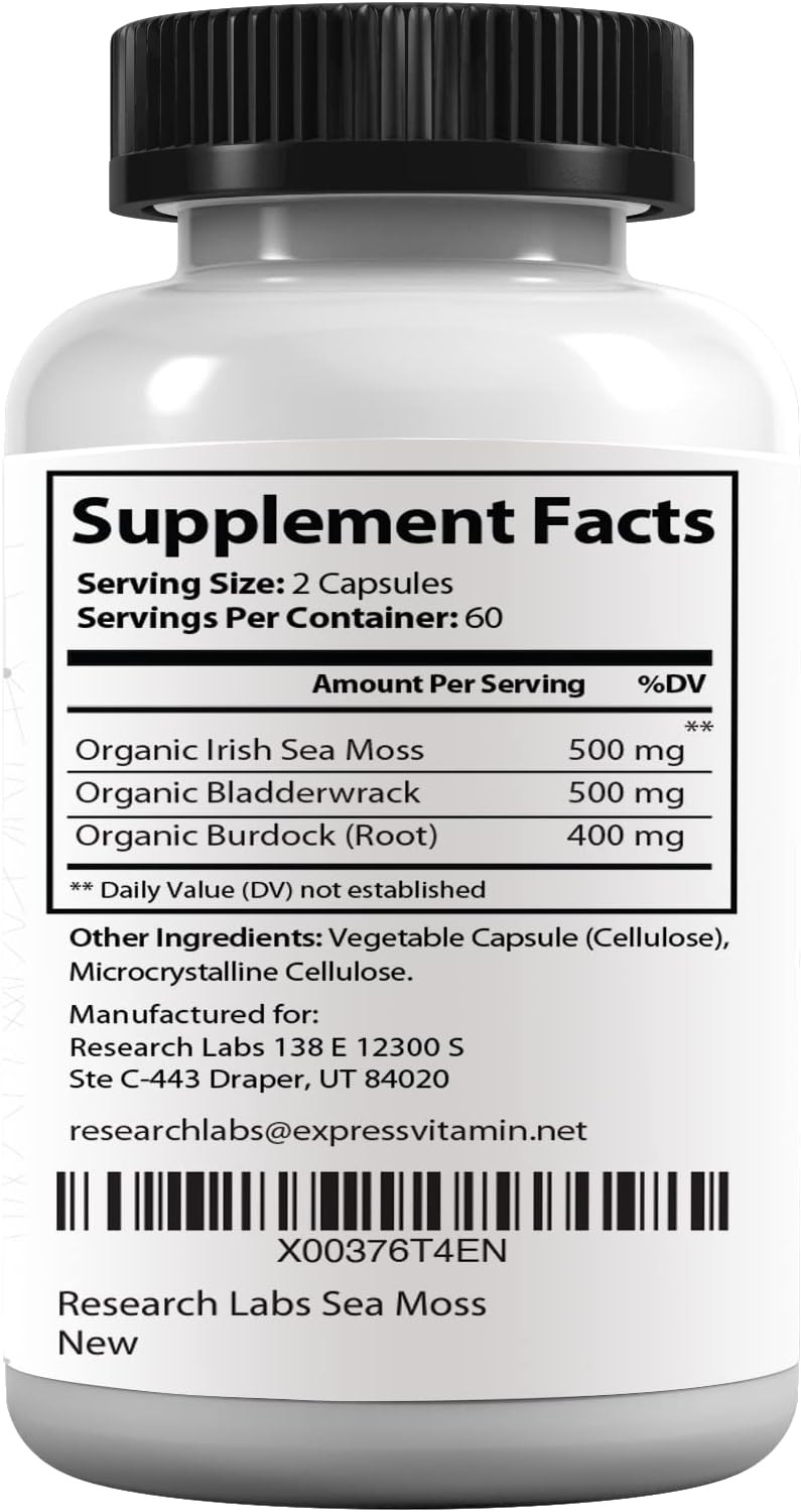 Research Labs Organic Irish Sea Moss Capsules — Raw Wildcrafted Sea Moss with Bladderwrack & Burdock Root, 120 Capsules - görsel 7