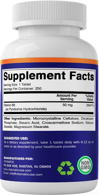 Vitamatic Vitamin B6 (Pyridoxine HCl), 50 mg, 250 Vegetarian Tablets