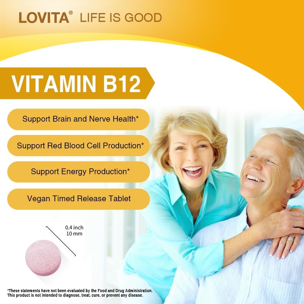 LOVITA Sustained-Release Vitamin B12 1000 mcg (Cyanocobalamin) – Timed Release, 60 Vegan Tablets for Brain & Nerve Health Support - görsel 4