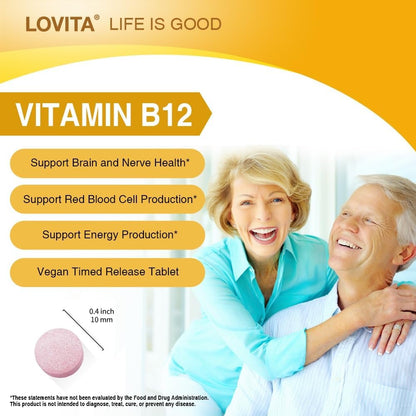LOVITA Sustained-Release Vitamin B12 1000 mcg (Cyanocobalamin) – Timed Release, 60 Vegan Tablets for Brain & Nerve Health Support