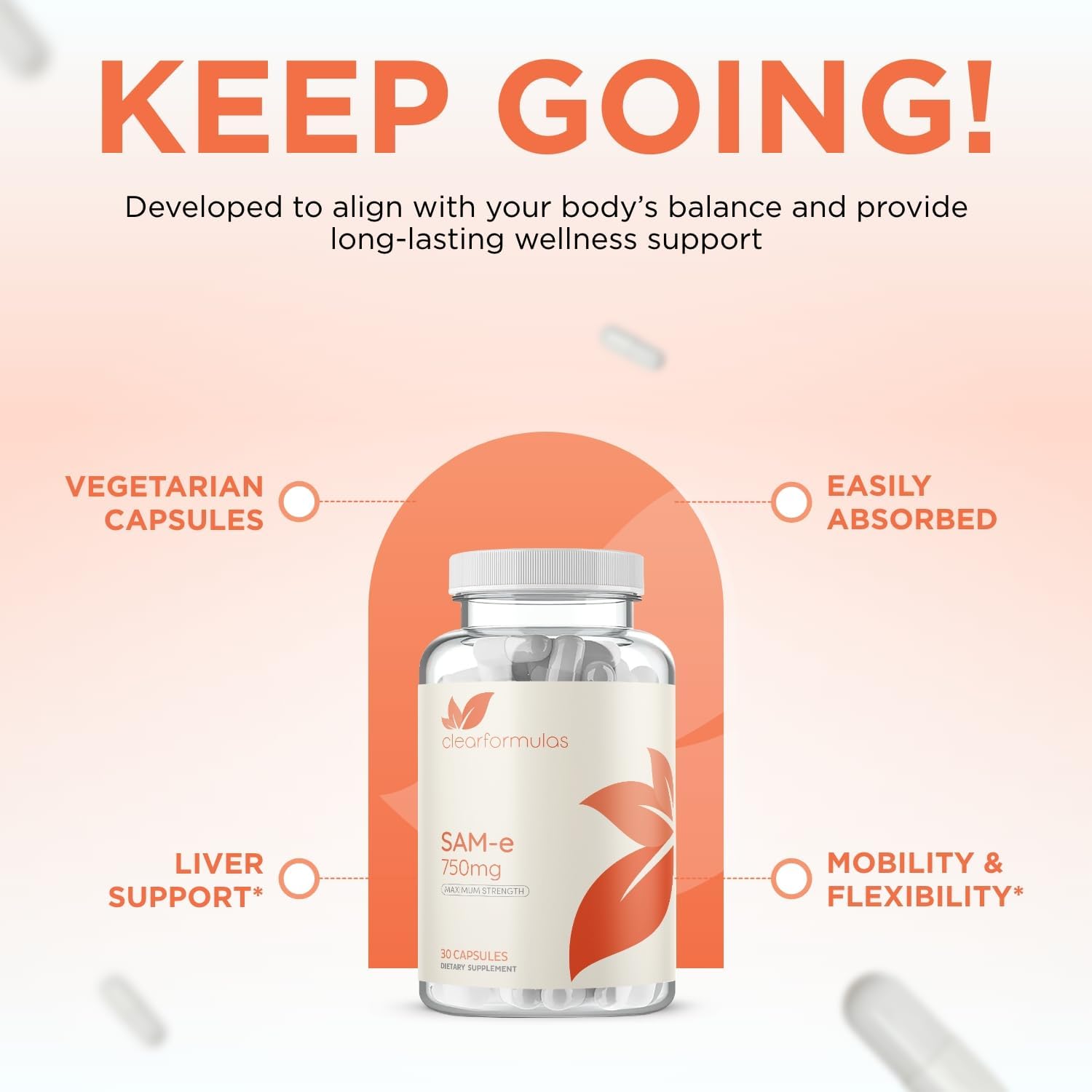 Clear Formulae Bioactive SAM-e 750mg - High Strength SAM-e Supplement with Biologically Active S,S Form for Liver and Mood Support - Vegan, Non-GMO, Preservative-Free - 30 Capsules - görsel 5