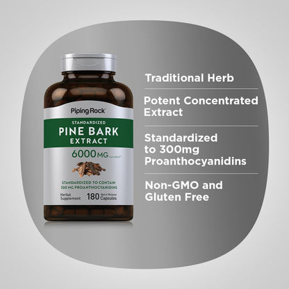 Piping Rock Pine Bark Extract Capsules | 180 Count | Standardised Herbal Supplement | Non-GM & Gluten-free