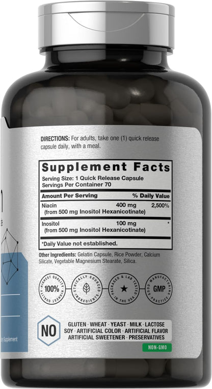 Horbaach Niacin 500mg Flush Free | 70 Capsules | Vitamin B3 Inositol Hexanicotinate | Non-GM and Gluten-free