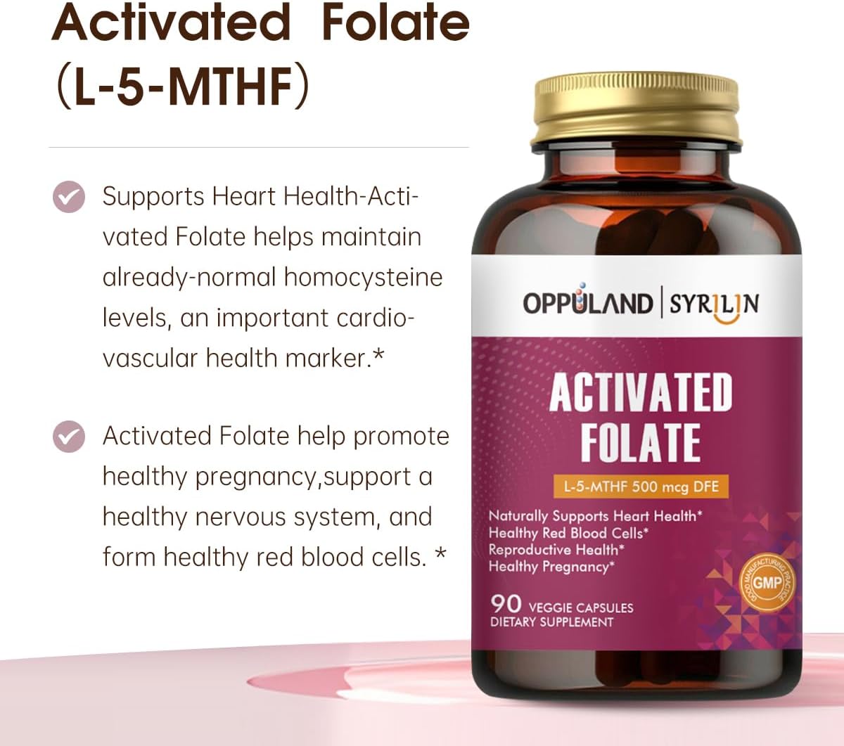 Activated Folate-L 5-MTHF DFE Supplement - Methylfolate B9 with Vitamin B12, CoQ10 & Red Raspberry - 500 mcg - 90 Veggie Capsules - görsel 2