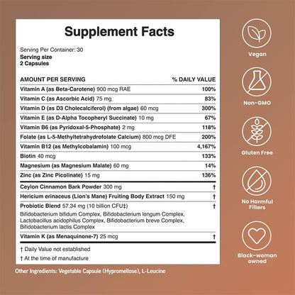 Mela Daily Essentials Multivitamin for Melanated Women - High-Dose Vitamin D3 and B12, Probiotics, Lion's Mane, Ceylon Cinnamon - Vegan, Gluten-Free, Non-GMO, 30-Day Supply (60 Capsules)