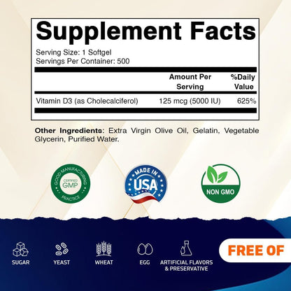 Vitamatic Vitamin D3 5000 IU (125 mcg) – 500 Mini Softgels with Olive Oil – Non-GMO & Gluten-Free – Supports Bone, Muscle and Immune Health