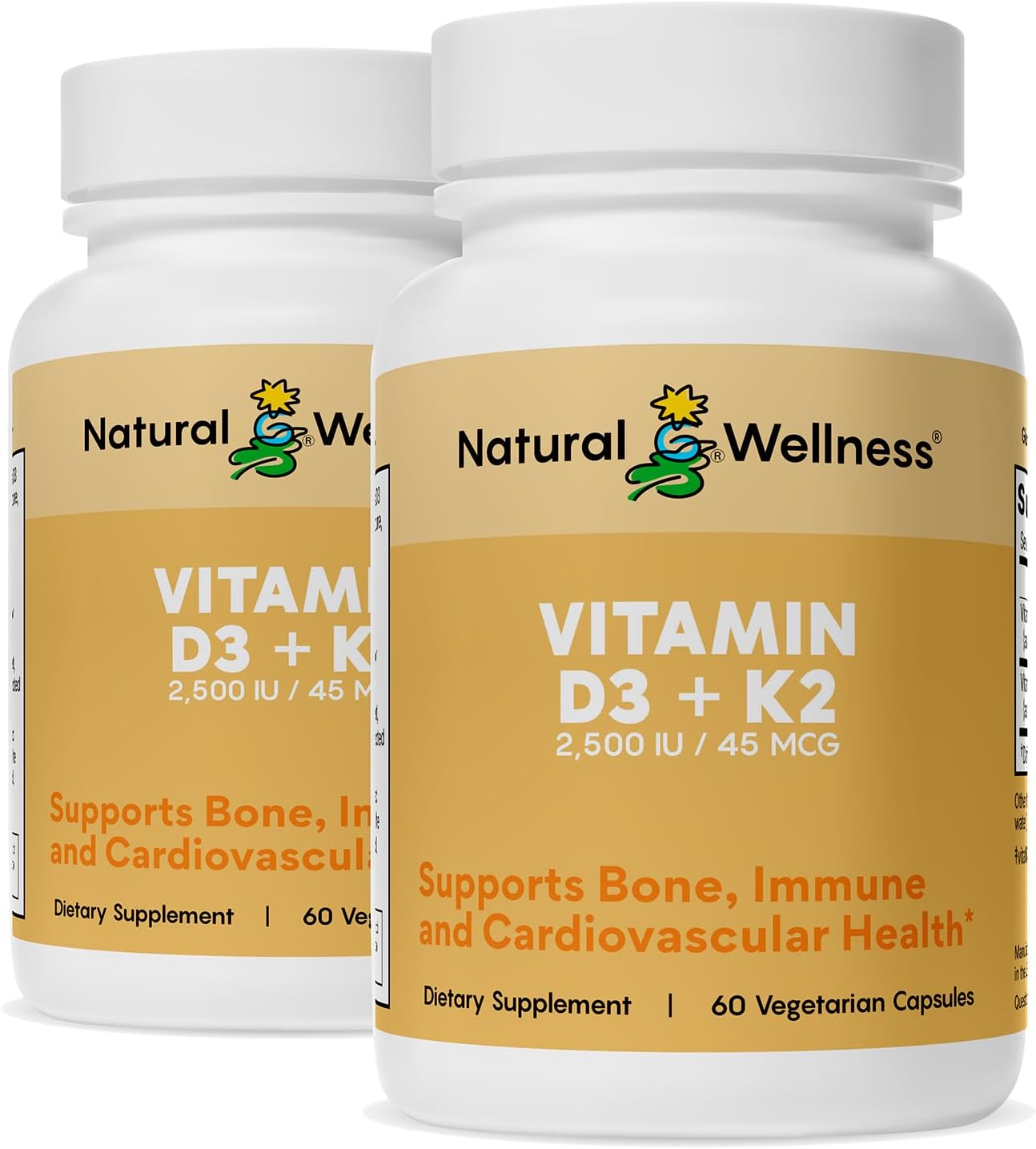 Natural Wellness Vitamin D3 + K2 – High Potency Vitamin D3 2500 IU & K2 MK-7 45 mcg – Supports Bone Strength, Heart Health, Immunity & Metabolism - Vegetarian Supplement - görsel 1