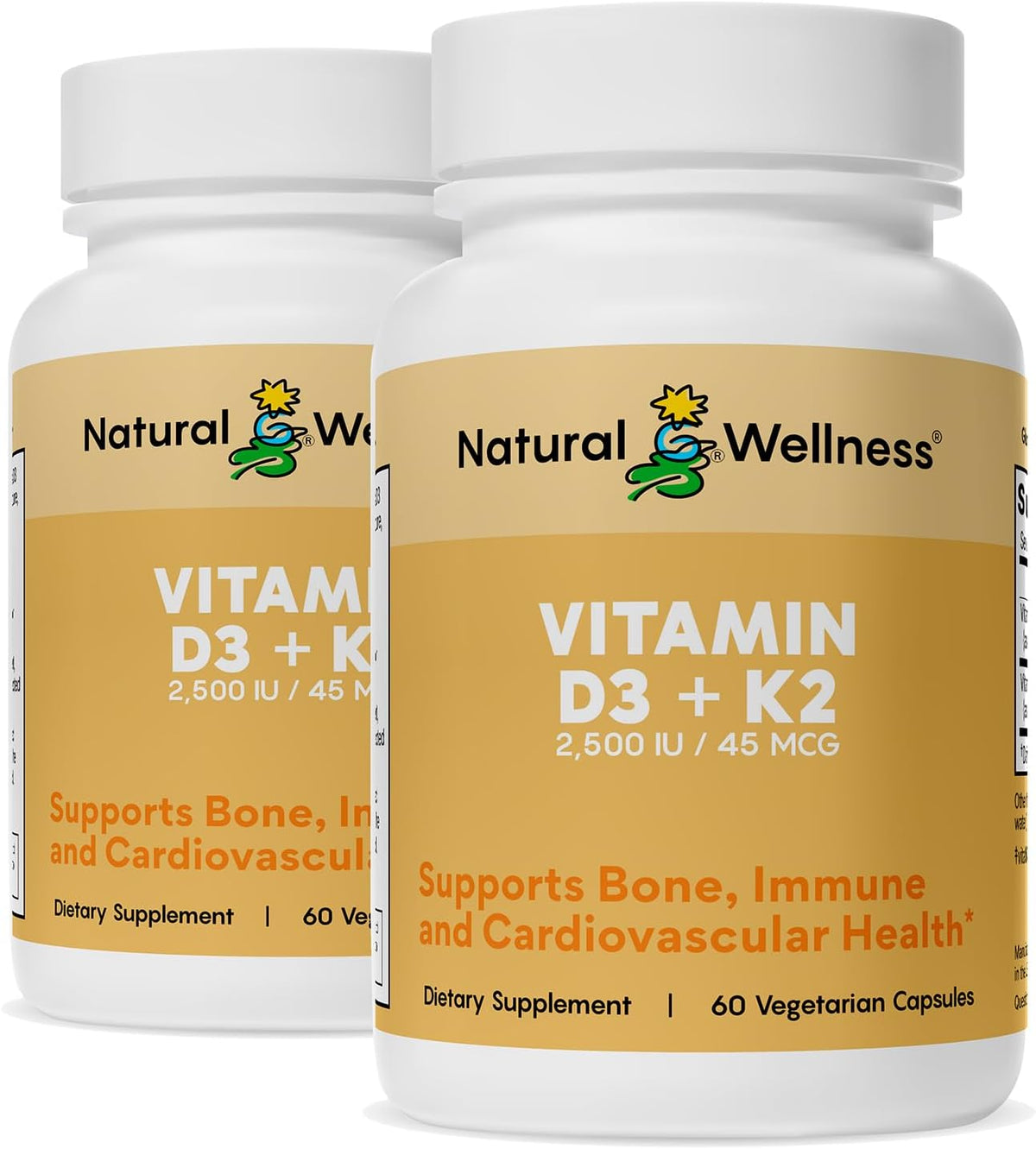 Natural Wellness Vitamin D3 + K2 – High Potency Vitamin D3 2500 IU & K2 MK-7 45 mcg – Supports Bone Strength, Heart Health, Immunity & Metabolism - Vegetarian Supplement - görsel 1