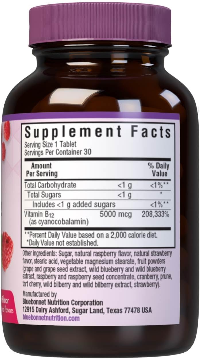 Bluebonnet Nutrition Earth Sweet Vitamin B12 5000 mcg Chewable Tablets – Raspberry Flavour, 30 Tablets - görsel 2