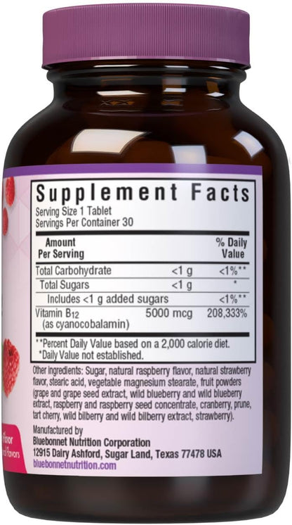 Bluebonnet Nutrition Earth Sweet Vitamin B12 5000 mcg Chewable Tablets – Raspberry Flavour, 30 Tablets