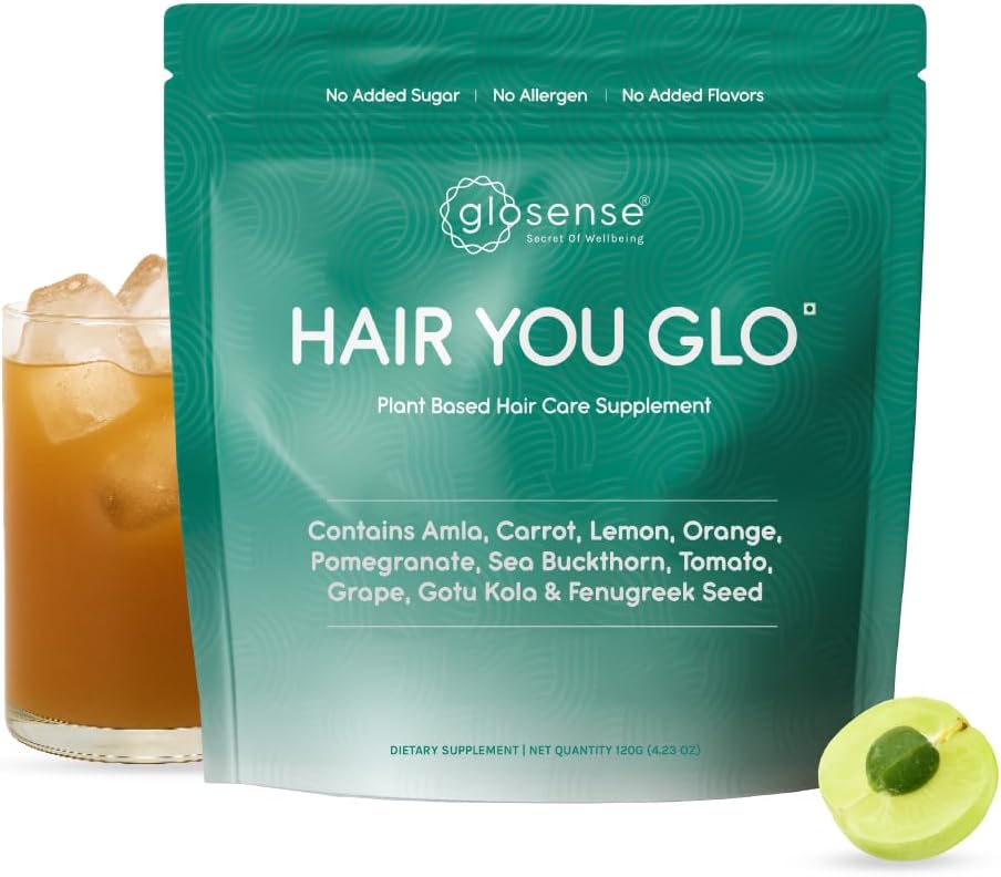 Glosense Hair You Glo – Plant-Based Biotin Supplement, Natural Hair Vitamins Powder with Amla, Sea Buckthorn, Gotu Kola, 30 Servings - görsel 1