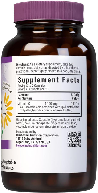 BlueBonnet Nutrition Liposomal Vitamin C 1000 mg, Made with Sunflower Oil, Immune & Joint Support, Vegan, Kosher, Non-GMO, Gluten-Free, Soya-Free, Milk-Free, 180 Vegetable Capsules, 90 Servings