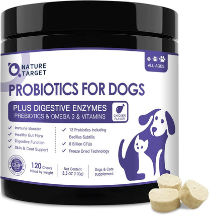 NATURE TARGET Probiotics for Dogs, 6 Billion Freeze-Dried Dog Probiotics with Prebiotics, Enzymes, Vitamins & Omega-3, for Digestive and Gut Health, Itching Relief, Reduced Diarrhoea, 120 Chews