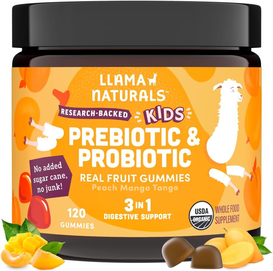 Llama Naturals Kids Probiotic with Prebiotic Fibre, Organic Real Fruit Gummies, Peach Mango, 120 Ct - görsel 1