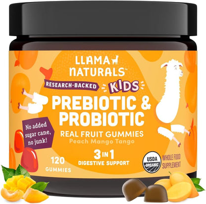 Llama Naturals Kids Probiotic with Prebiotic Fibre, Organic Real Fruit Gummies, Peach Mango, 120 Ct