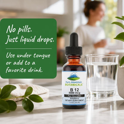 Pure Mountain Botanicals B12 5000 mcg Liquid Drops - Natural Berry Flavour - Vegan, Kosher B12 Supplement