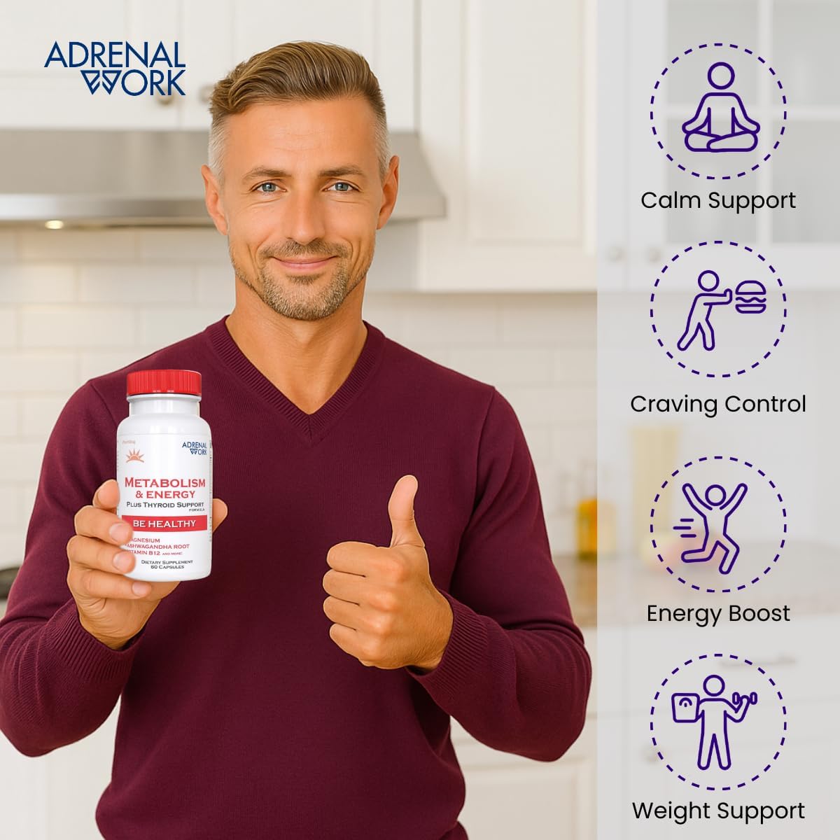 Adrenal Support Supplement - Organic Ashwagandha Capsules for Stress Relief, Calm Energy and Focus - Adaptogen Blend with Rhodiola and Holy Basil - Men and Women - 60 Capsules - görsel 5